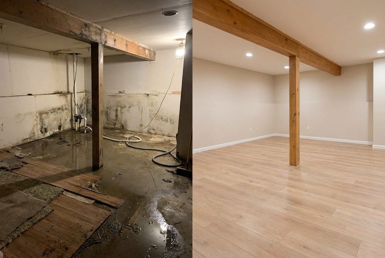 Water Damage Restoration before and after in residential basement, Franklin Lakes NJ