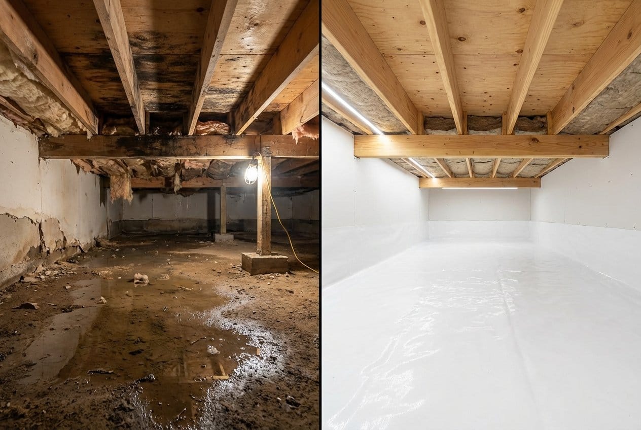 Basement Flood Cleanup restoration — crawl space of multi-family property in Franklin Lakes, NJ