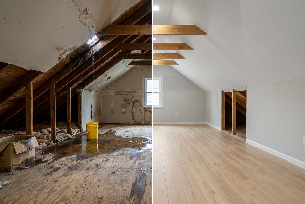 Before and after basement flood cleanup in Franklin Lakes commercial property attic space