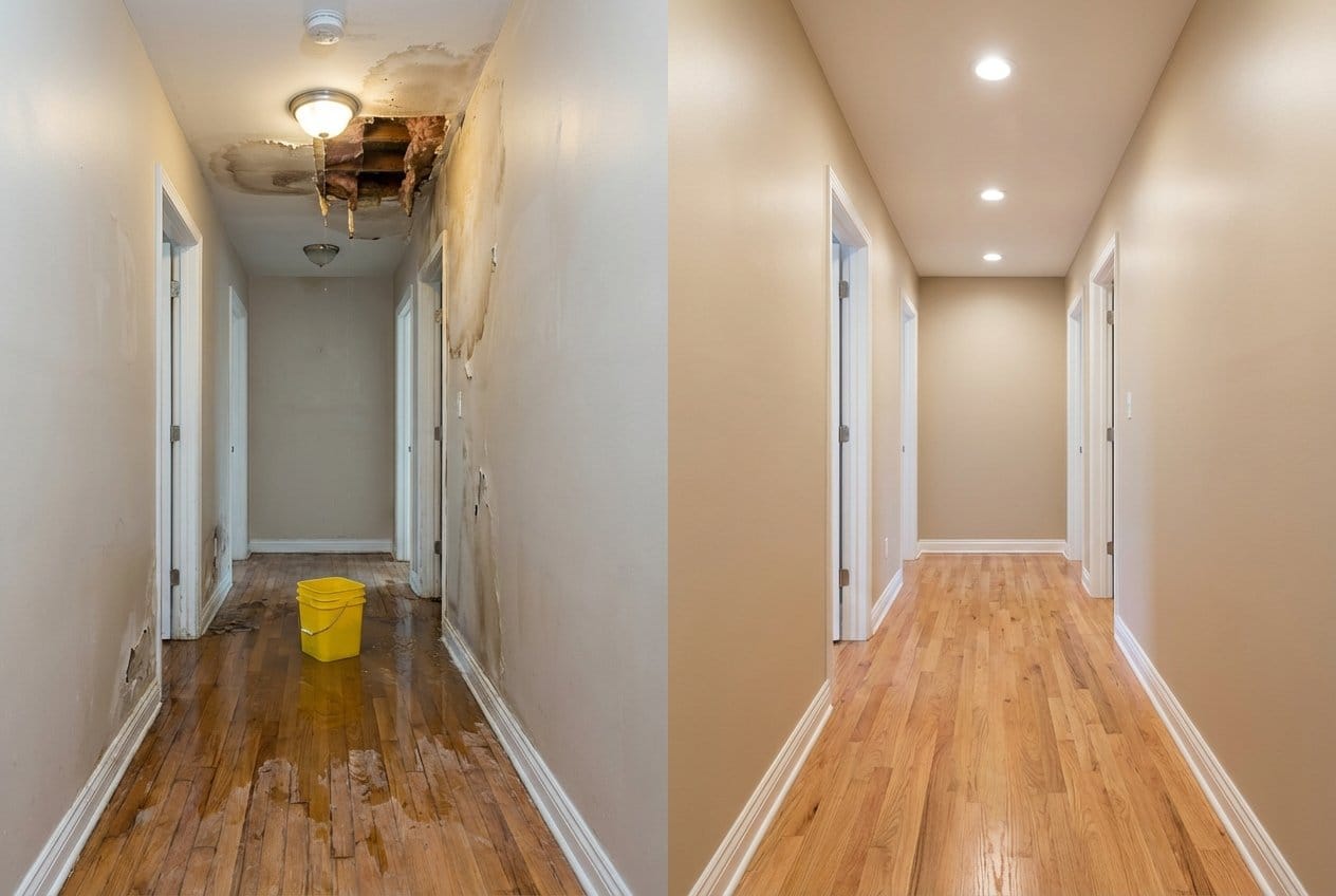 Burst Pipe & Plumbing Leak Damage before and after in hallway, Franklin Lakes NJ