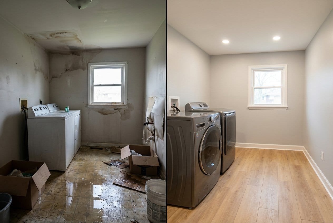 Burst Pipe & Plumbing Leak Damage restoration — laundry room of contemporary home in Franklin Lakes, NJ