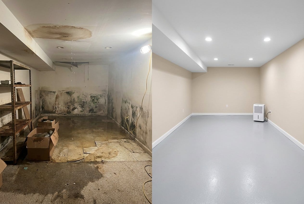 Sewage Backup Cleanup before and after in residential basement, Franklin Lakes NJ