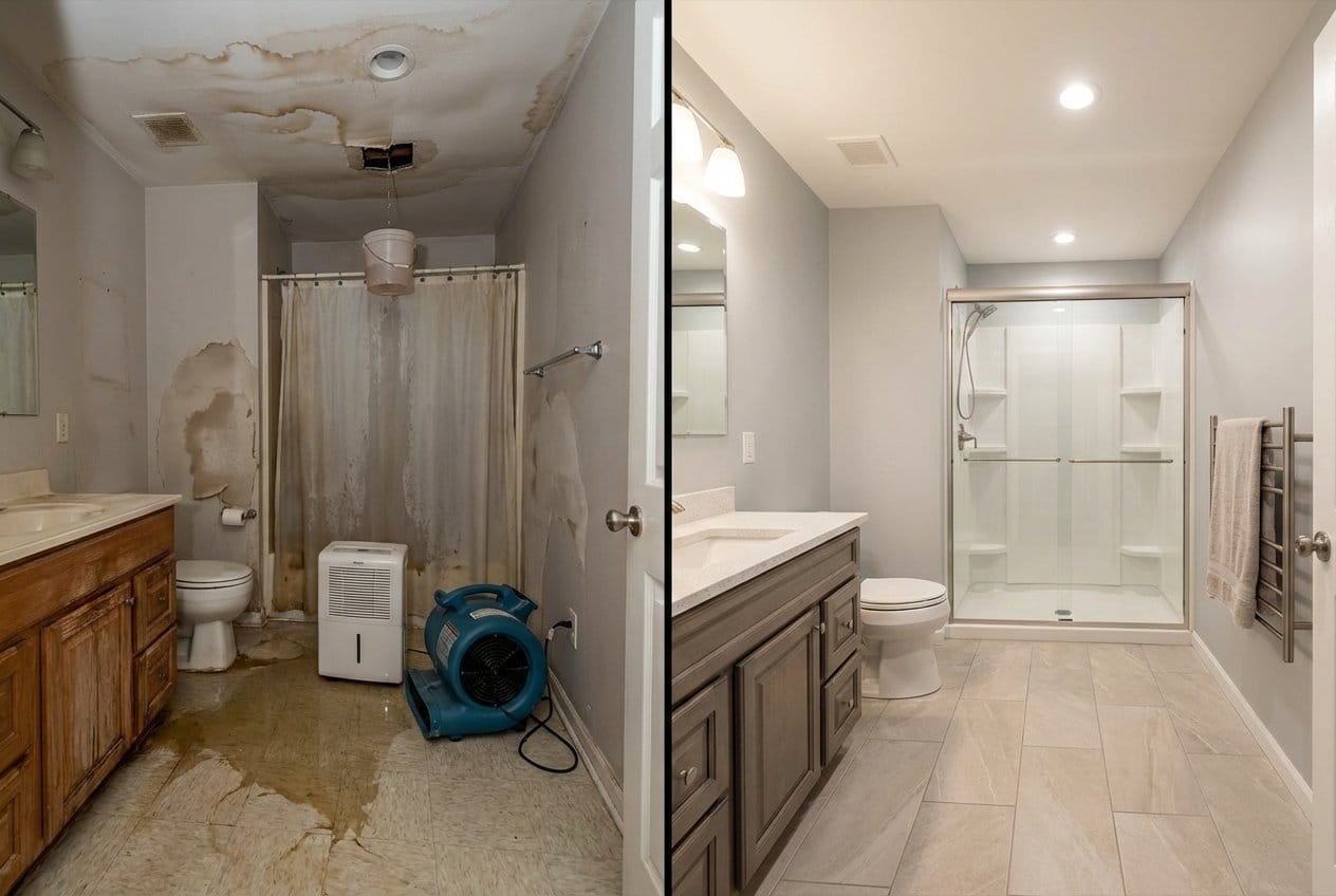 Before and after sewage backup cleanup in Franklin Lakes private residence bathroom