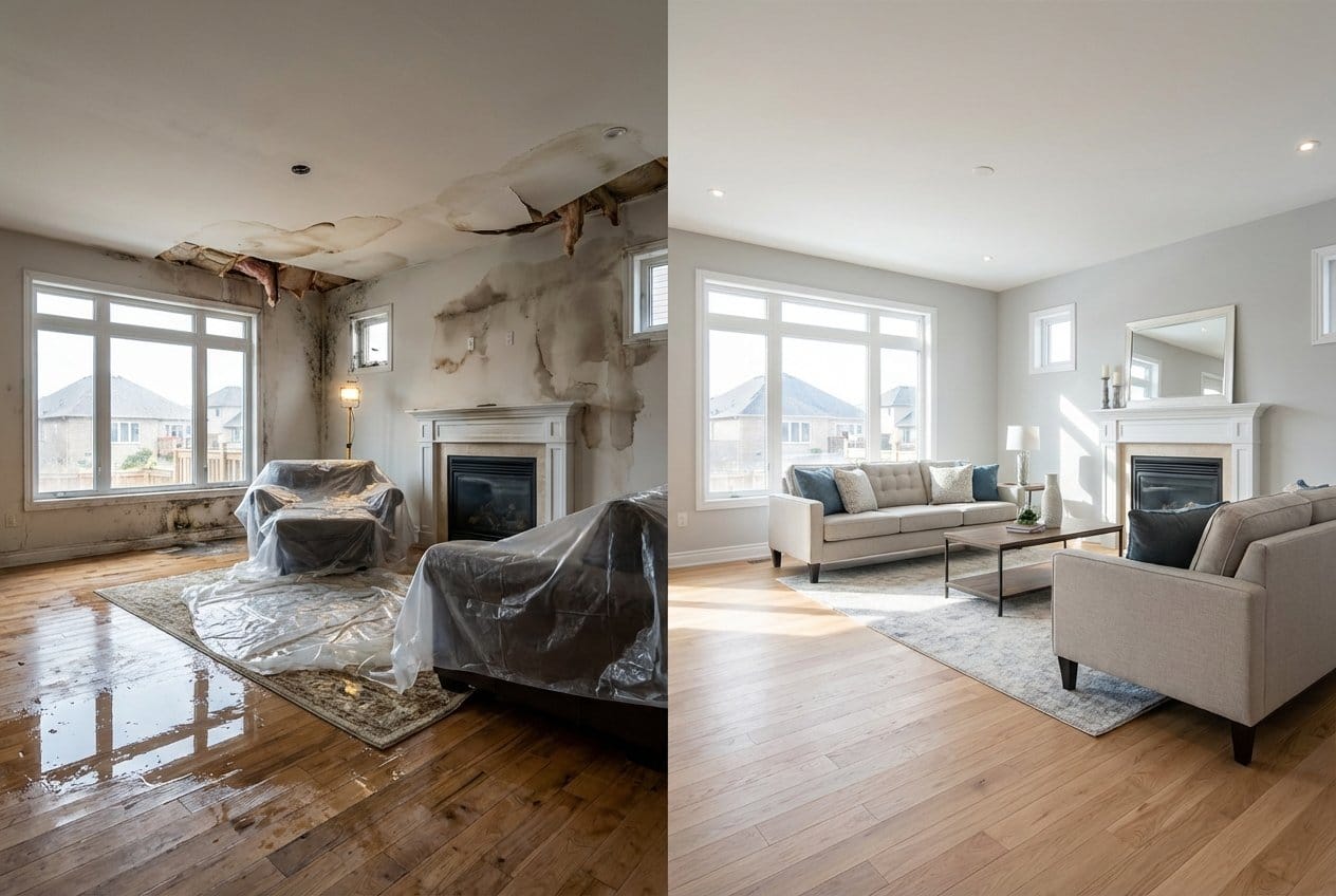 Franklin Lakes Water Damage Restoration living room restoration before and after in Franklin Lakes